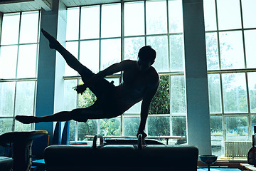 Image showing The sportsman during difficult exercise, sports gymnastics