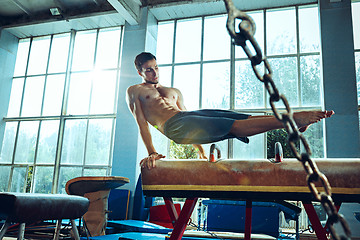 Image showing The sportsman during difficult exercise, sports gymnastics