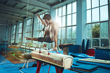 Image showing The sportsman during difficult exercise, sports gymnastics