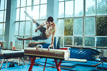 Image showing The sportsman during difficult exercise, sports gymnastics