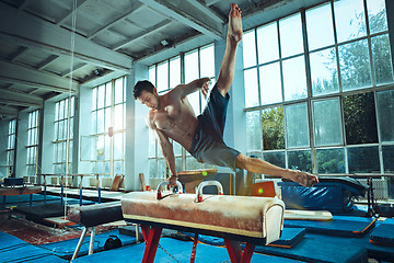 Image showing The sportsman during difficult exercise, sports gymnastics