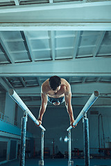 Image showing The sportsman during difficult exercise, sports gymnastics