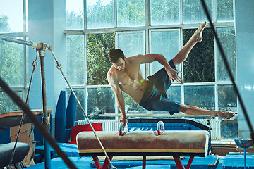 Image showing The sportsman during difficult exercise, sports gymnastics