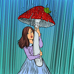 Image showing girl in the rain hid under a mushroom