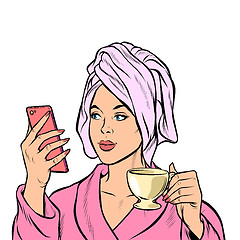 Image showing woman morning bathroom coffee smartphone