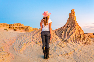 Image showing Female walking among the lunette of Mungo National Park