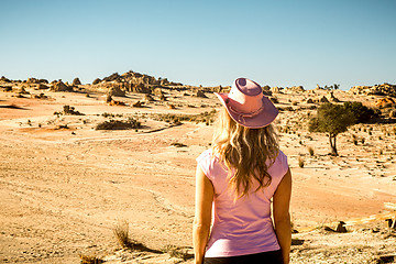 Image showing Female tourist visitor looking out to the Mungo Lunettes