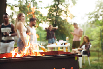 Image showing Group of friends making barbecue in the backyard. concept about good and positive mood with friends