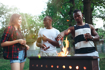 Image showing Group of friends making barbecue in the backyard. concept about good and positive mood with friends