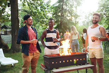 Image showing Group of friends making barbecue in the backyard. concept about good and positive mood with friends