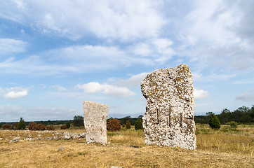 Image showing Two standing stones in a gravefield at Karum on the island Oland