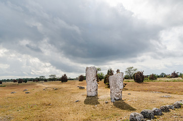 Image showing Standing stones in a gravefield at Karum on the island Oland in 