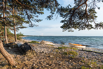 Image showing Landed rowing boats in a bay of the Baltic Sea