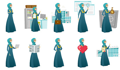 Image showing Muslim business woman vector illustrations set.