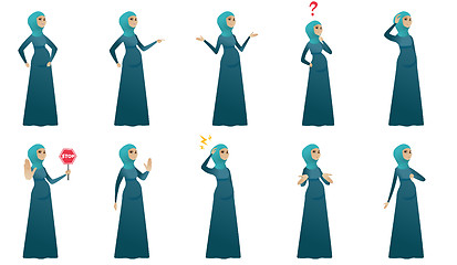 Image showing Muslim pregnant woman vector illustrations set.