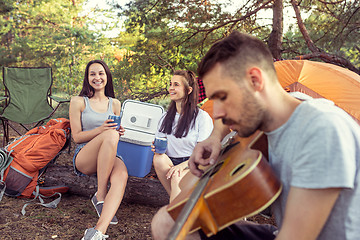 Image showing Party, camping of men and women group at forest. They relaxing, singing a song