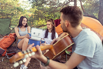 Image showing Party, camping of men and women group at forest. They relaxing, singing a song