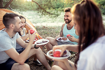 Image showing Party, camping of men and women group at forest. They relaxing and eating barbecue