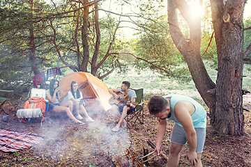 Image showing Party, camping of men and women group at forest. They relaxing, singing a song and cooking barbecue