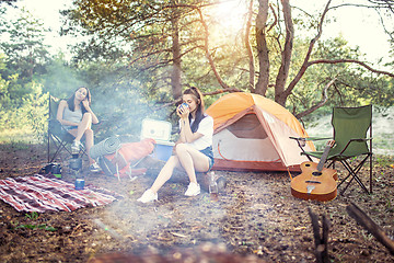 Image showing Party, camping of women at forest. They relaxing, singing a song and cooking barbecue