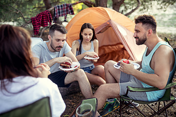 Image showing Party, camping of men and women group at forest. They relaxing and eating barbecue