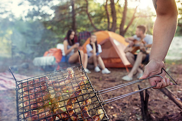 Image showing Party, camping of men and women group at forest. They relaxing, singing a song and cooking barbecue