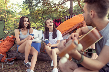 Image showing Party, camping of men and women group at forest. They relaxing, singing a song