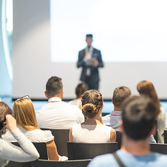 Image showing Male business speaker giving a talk at business conference event.