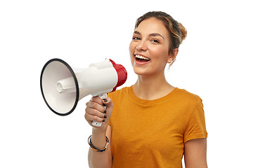 Image showing young woman or teenage girl with megaphone