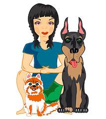 Image showing Vector illustration of the young girl with pets cat and dog