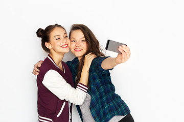 Image showing happy teenage girls taking selfie by smartphone