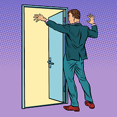 Image showing Pop art man opens the door, greeting