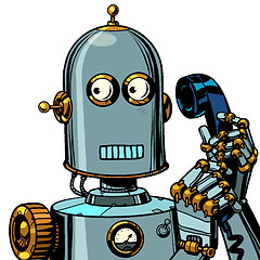 Image showing scared funny robot talking on a retro phone. isolate on white background