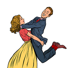 Image showing meeting lovers. man and woman hugs. girl carries a guy isolate on white background