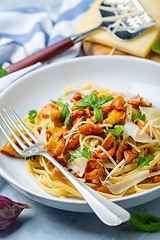 Image showing Pasta with wild chanterelles and parmesan.