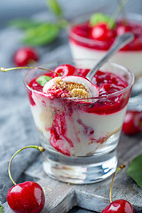 Image showing Cheesecake with cherry jelly in a glass close-up.