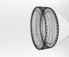 Image showing Car tire with tire marks on a light grey background. Vector blueprint illustration