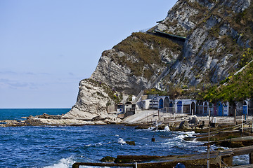 Image showing Blue sea water, stones and rocks on Adriatic sea coast.