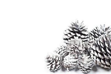 Image showing White decorative pine cones closeup on a white background.