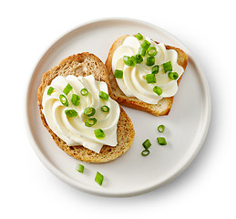 Image showing plate of toasted bread with cream cheese