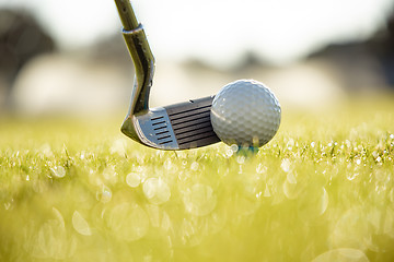 Image showing Golf ball on tee in front of driver