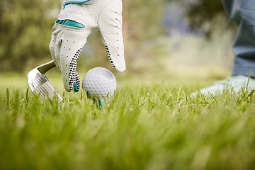 Image showing Hand in glove placing golf ball on tee