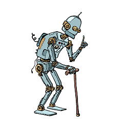 Image showing very old robot man with a stick