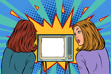 Image showing Two girlfriends watching TV