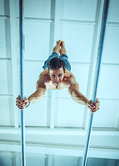 Image showing The sportsman during difficult exercise, sports gymnastics