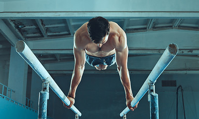 Image showing The sportsman during difficult exercise, sports gymnastics