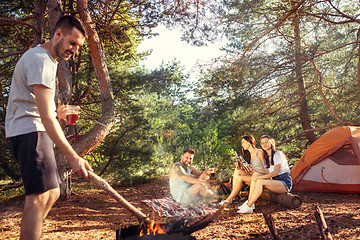 Image showing Party, camping of men and women group at forest. They relaxing