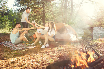 Image showing Party, camping of men and women group at forest. They relaxing