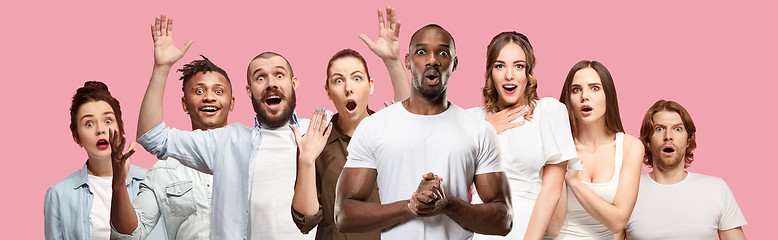 Image showing The collage of faces of surprised people on pink backgrounds. Human emotions, facial expression concept.