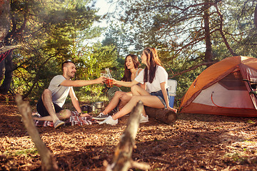 Image showing Party, camping of men and women group at forest. They relaxing